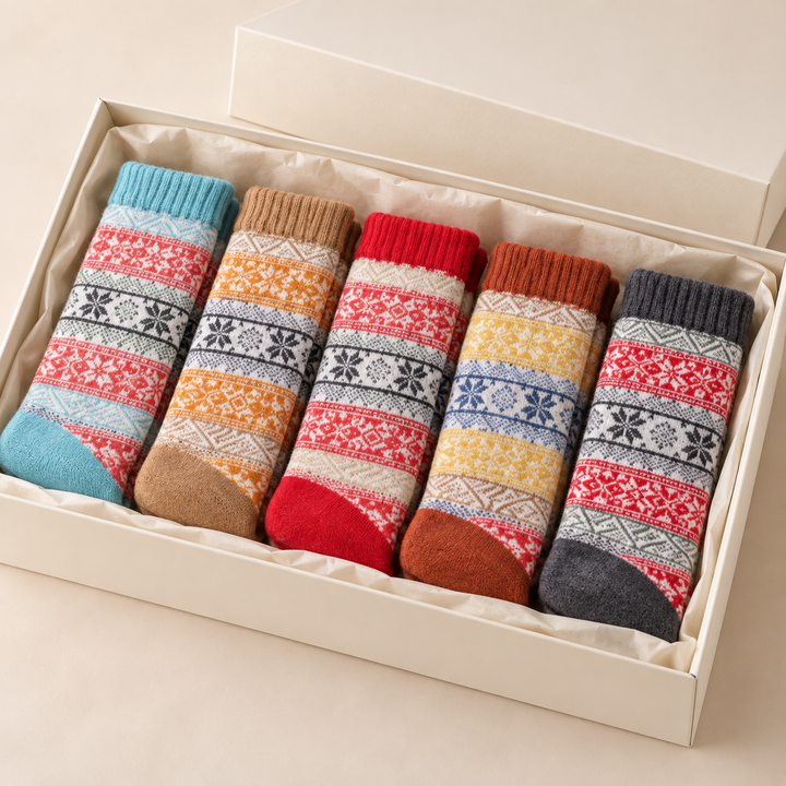 Wool Blend Crew Socks for Women, Vintage Nordic Knit Gift Set