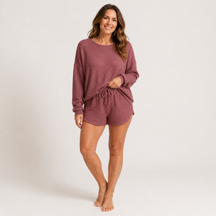 Lounge Set for Women, Long Sleeve Top and Tie Waist Shorts