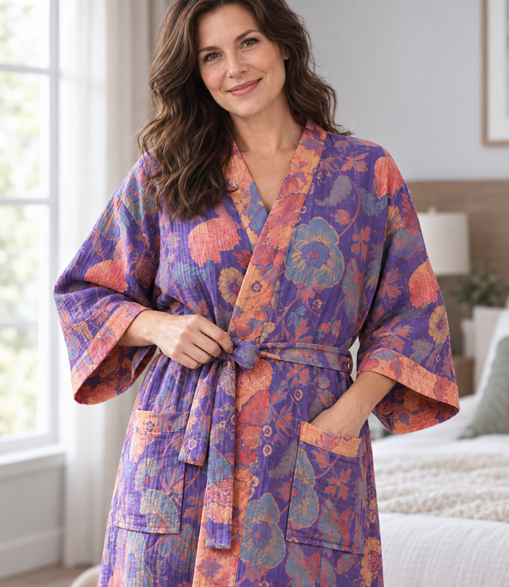 Cotton Gauze Robe for Women, Floral Print Kimono Wrap