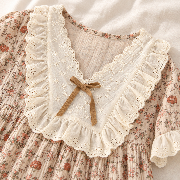 Cotton Nightgown for Women, Floral Print with Ruffle Collar
