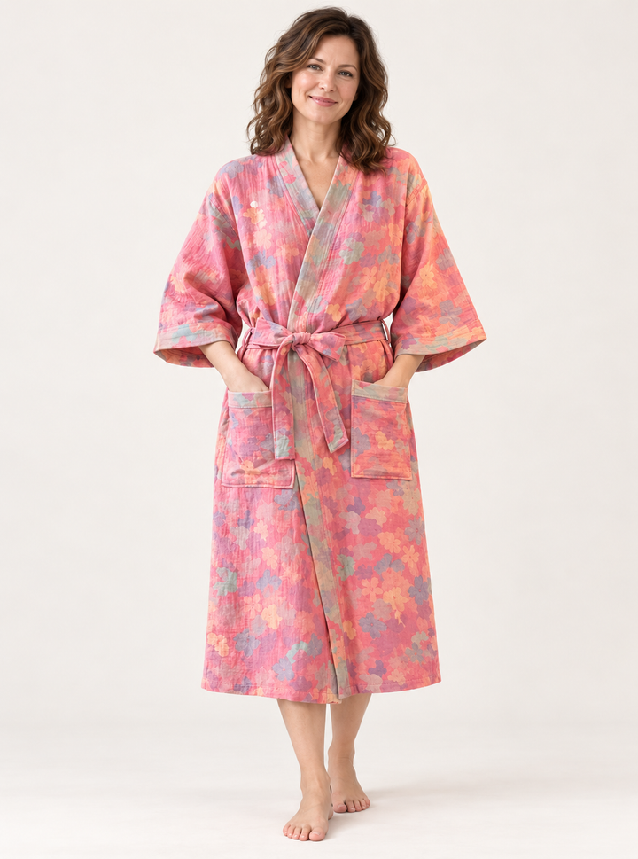 Cotton Gauze Robe for Women, Floral Print Kimono Wrap