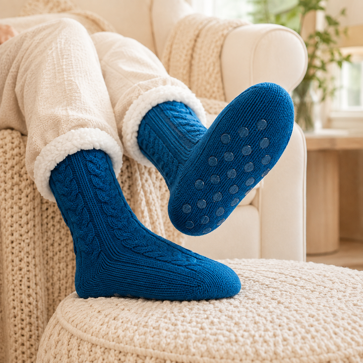 Cable Knit Slipper Socks - Sherpa Cuff, Non Slip