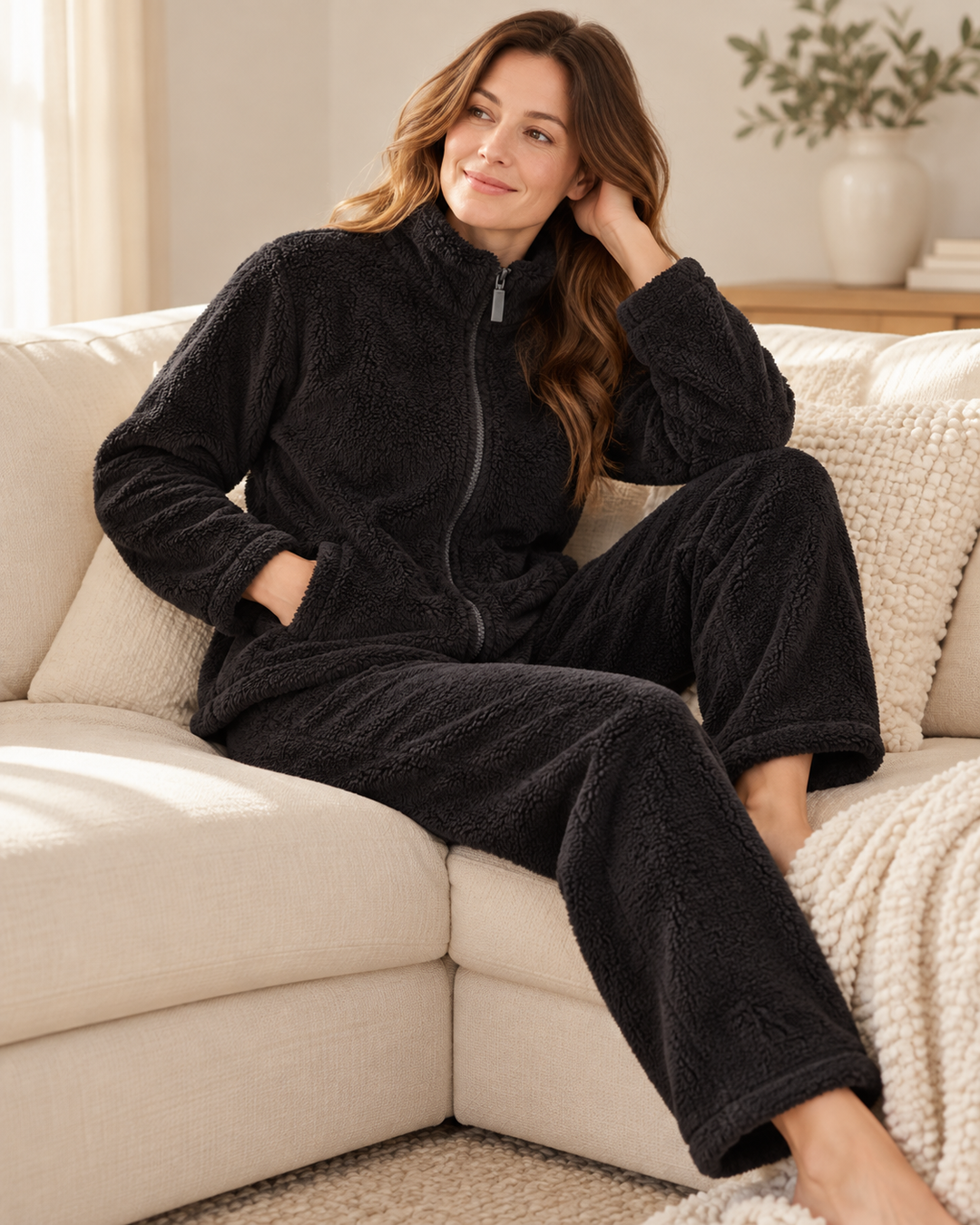 Sherpa Fleece Lounge Set for Women, Zip Jacket and Pants