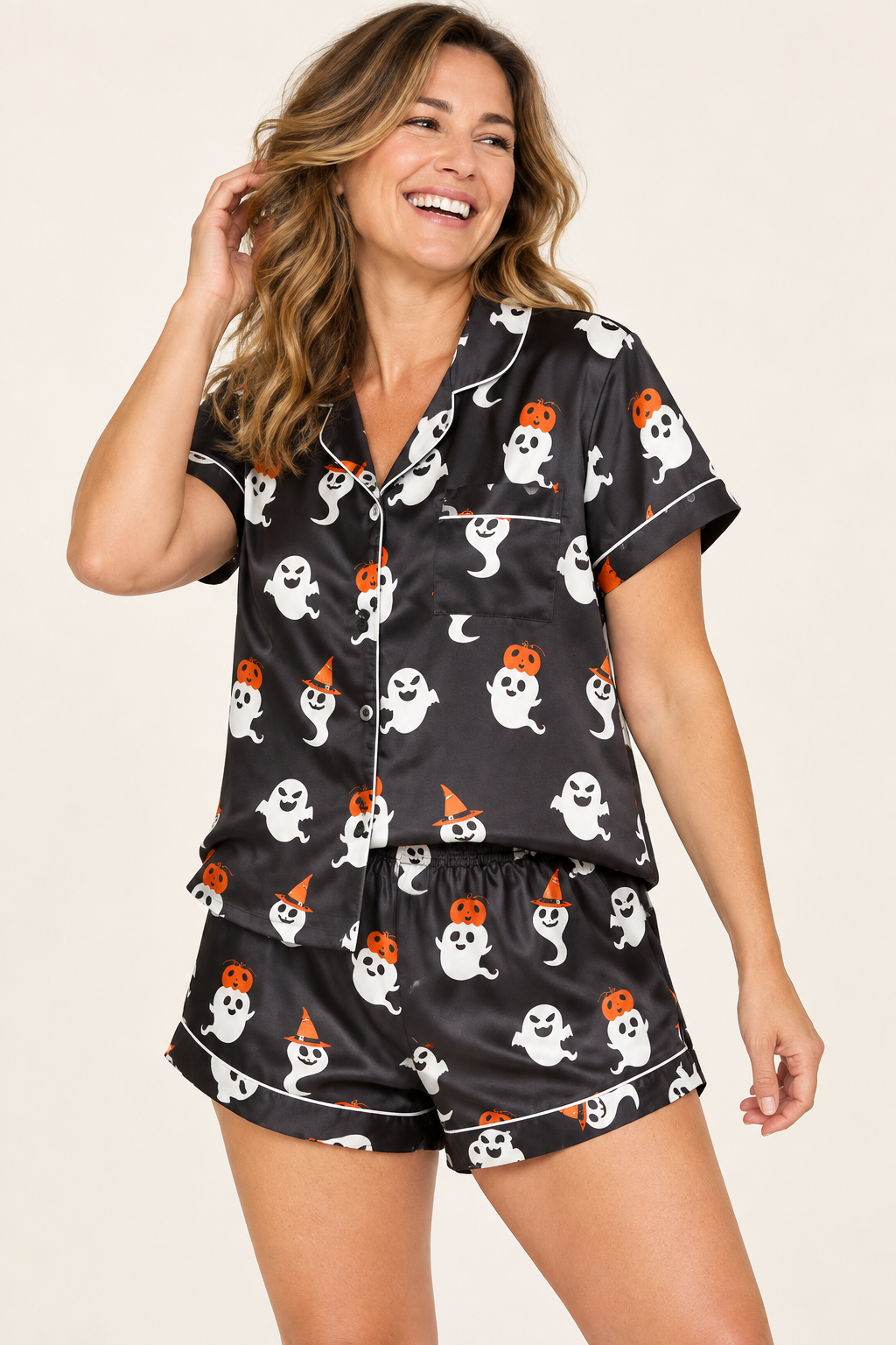 Black Ghost Satin Halloween Pajama Set for Women