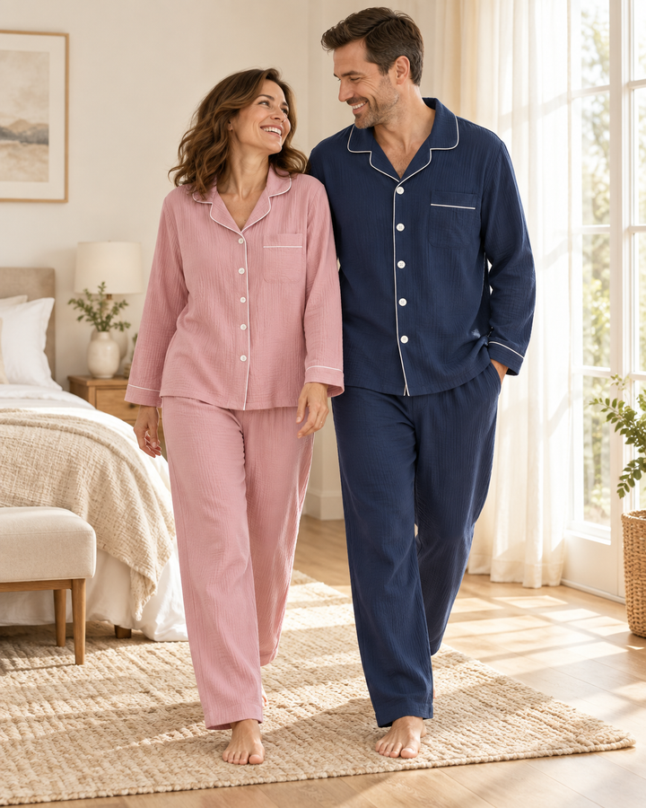 Matching Couples Pajamas, 100% Cotton Muslin Long Sleeve Button Set