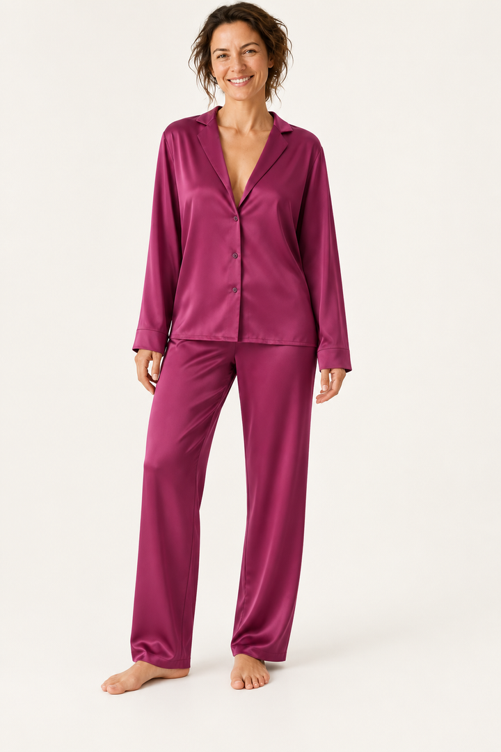 Satin Wide-Leg Pajama Set for Women, Button-Up