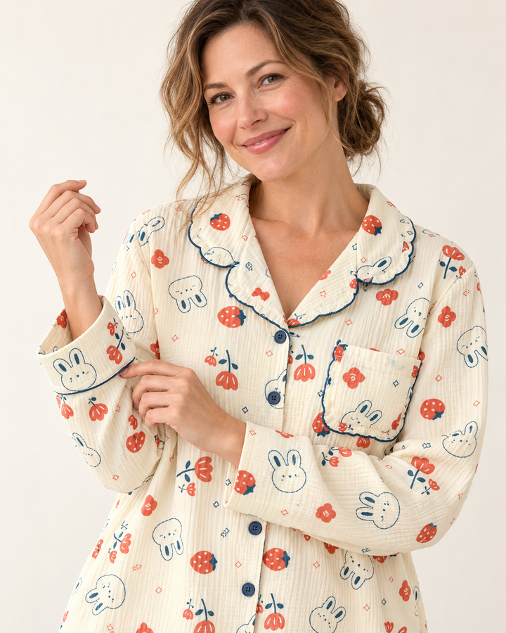 100% Cotton Muslin Pajama Set for Women, Cute Print Long Sleeve