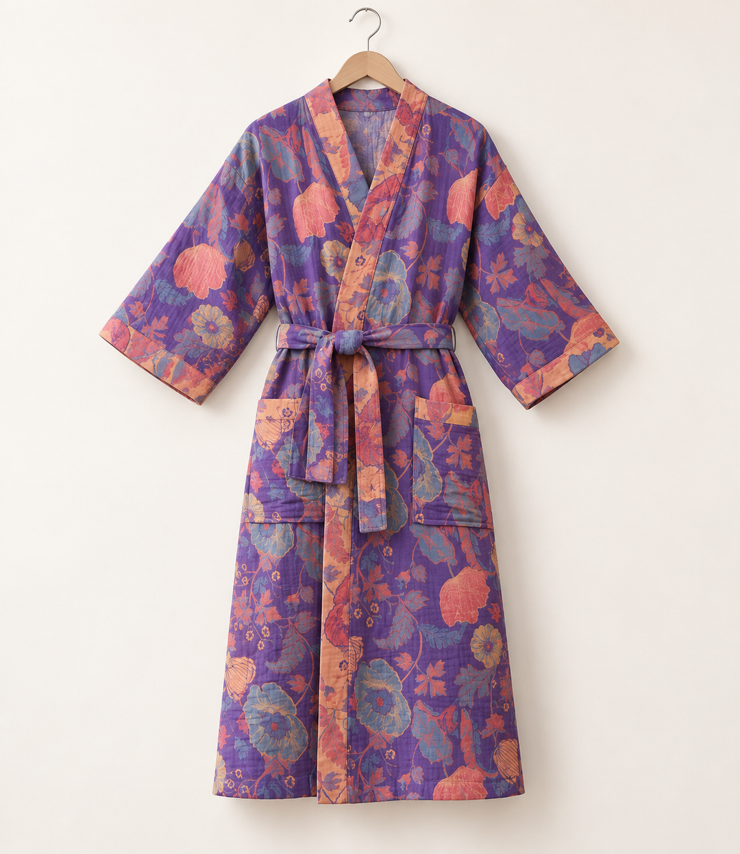 Cotton Gauze Robe for Women, Floral Print Kimono Wrap