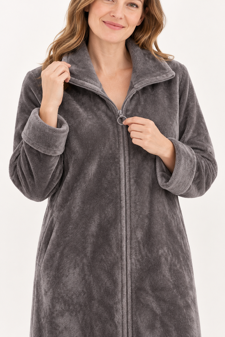 Long Zip-Front Flannel Fleece Robe for Women, Warm Housecoat
