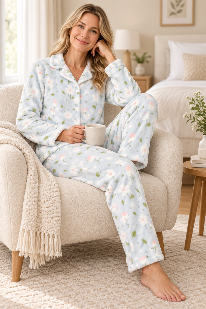 Fuzzy Fleece Cardigan Pajama Set for Women, Floral
