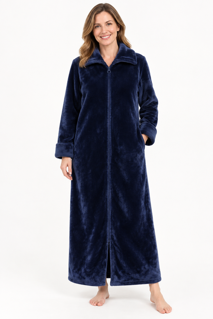 Long Zip-Front Flannel Fleece Robe for Women, Warm Housecoat