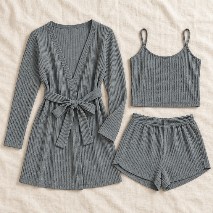 Waffle 3-Piece Lounge Set for Women, Cami, Shorts and Robe