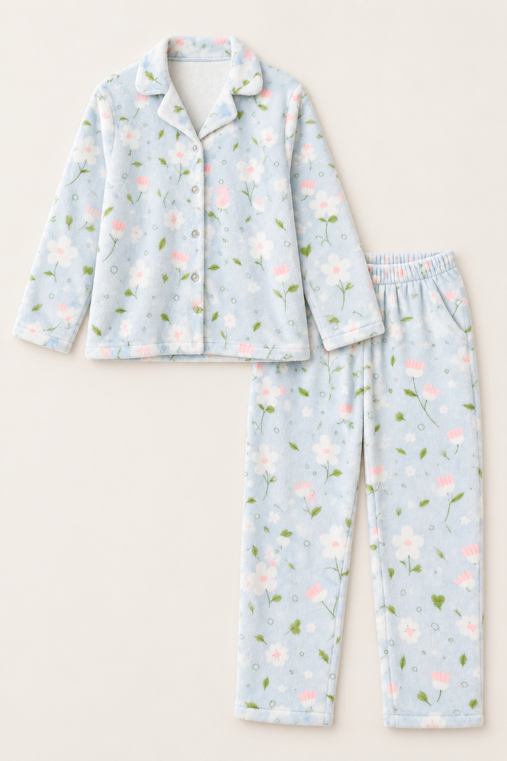 Fuzzy Fleece Cardigan Pajama Set for Women, Floral