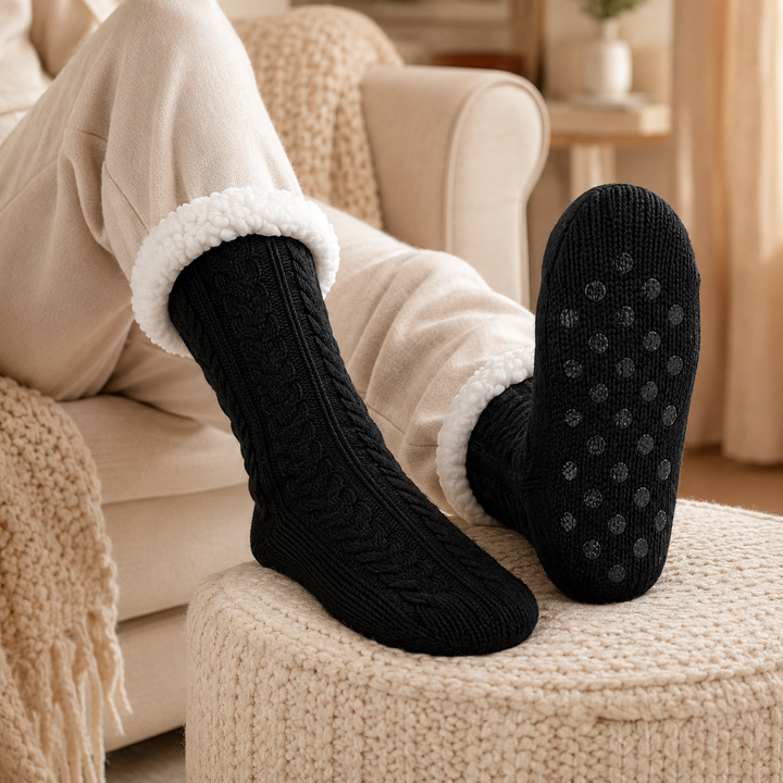 Cable Knit Slipper Socks - Sherpa Cuff, Non Slip