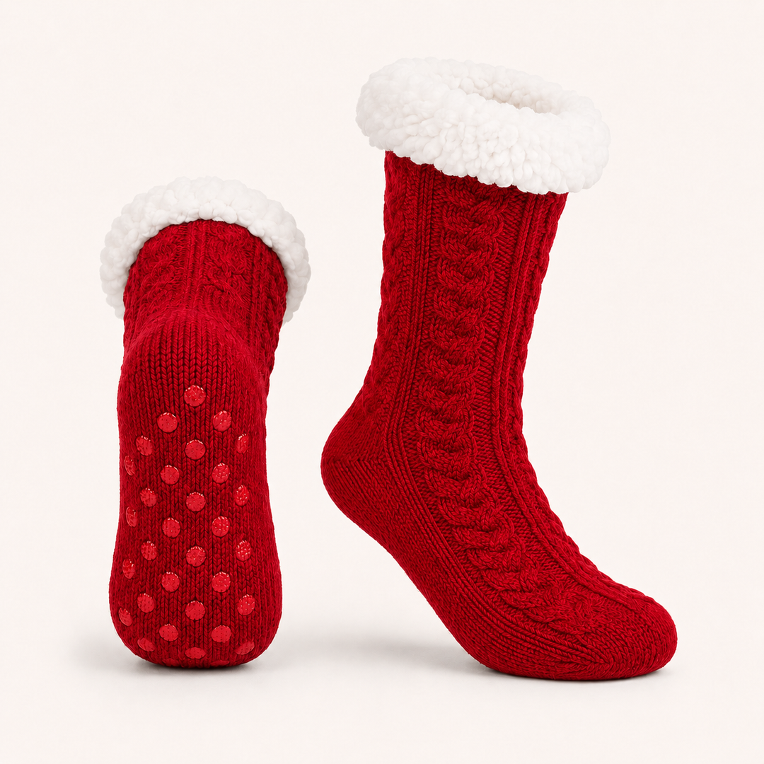 Cable Knit Slipper Socks - Sherpa Cuff, Non Slip