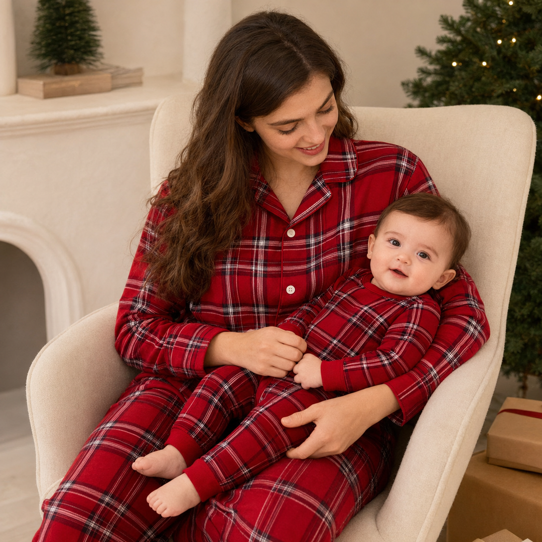 Matching Family Christmas Pajamas - Red Plaid Button Front Set