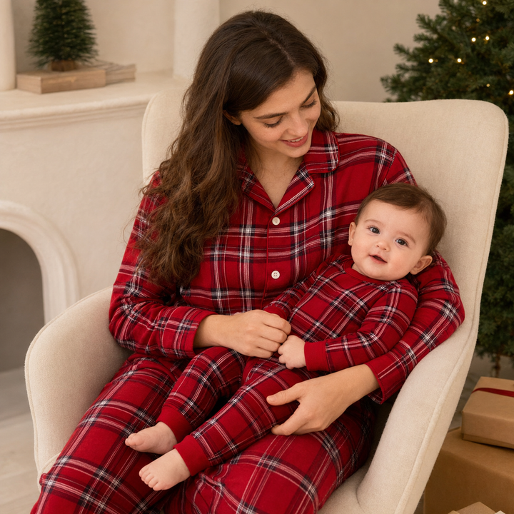 Matching Family Christmas Pajamas - Red Plaid Button Front Set