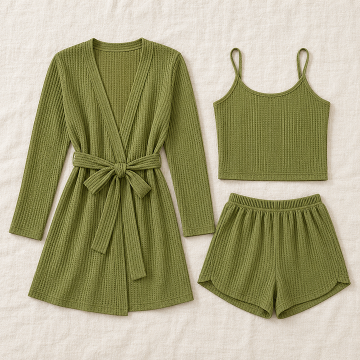 Waffle 3-Piece Lounge Set for Women, Cami, Shorts and Robe