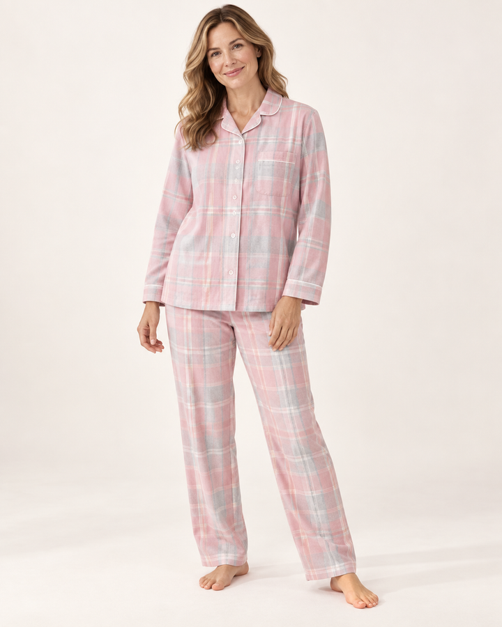 100% Cotton Flannel Pajama Set for Women, Plaid Long Sleeve