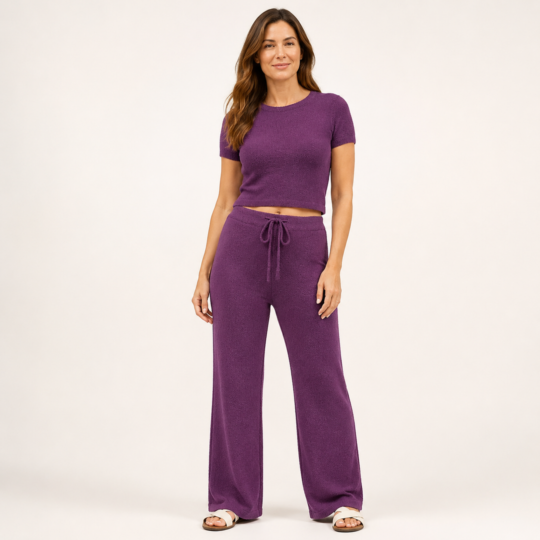 Knit Set for Women, Short Sleeve Top and Wide Leg Pants