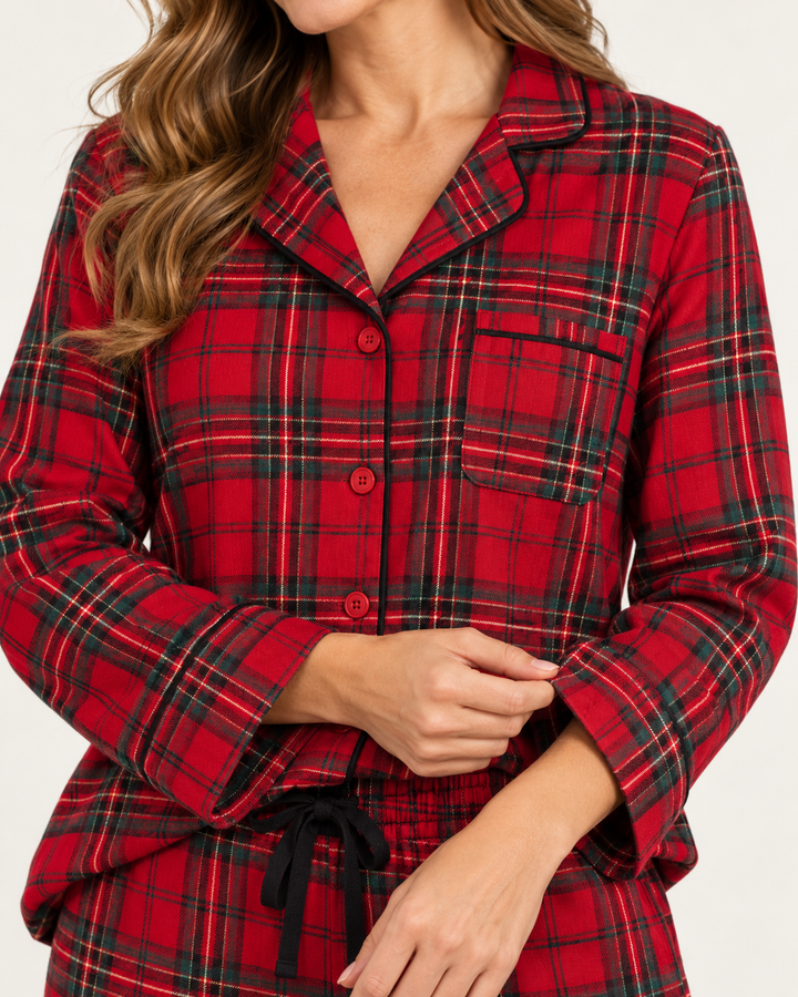 Red Plaid Christmas Pajama Set for Women, 100% Cotton