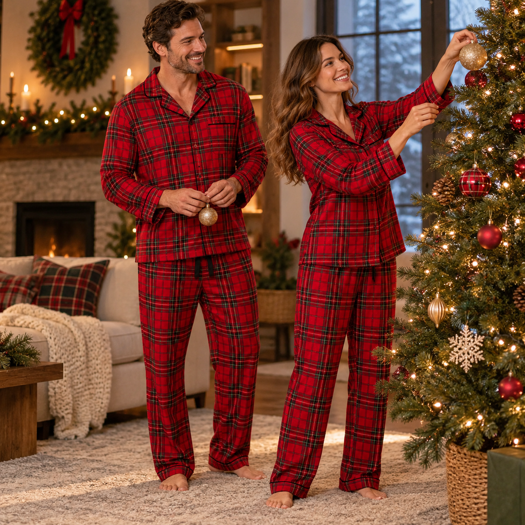 Matching Couples Christmas Pajamas, Red Plaid Cotton Set