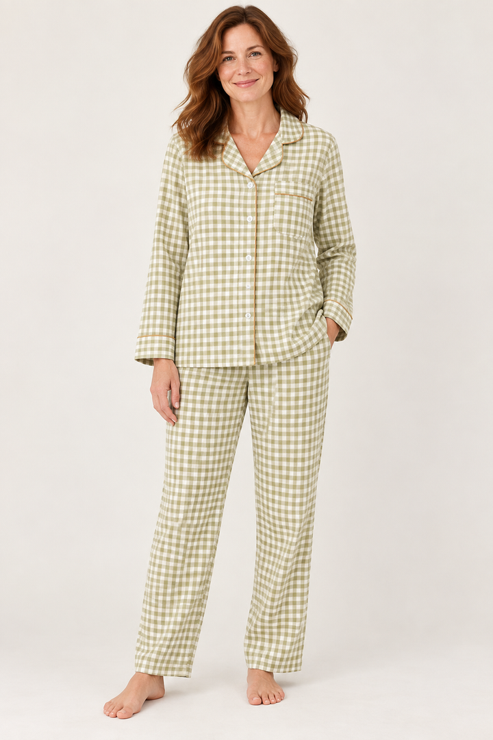 100% Cotton Double Gauze Pajama Set for Women, Plaid Long Sleeve