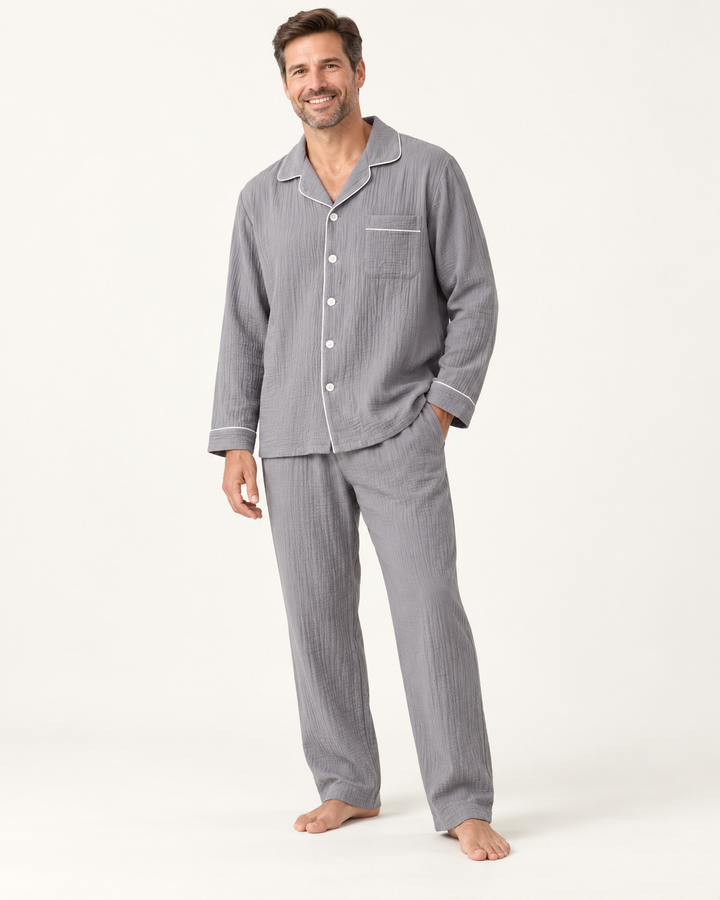 Matching Couples Pajamas, 100% Cotton Muslin Long Sleeve Button Set