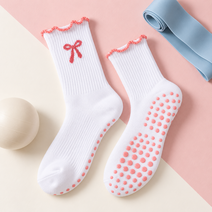 Pilates Grip Socks for Women, Non Slip Crew with Bow Detail