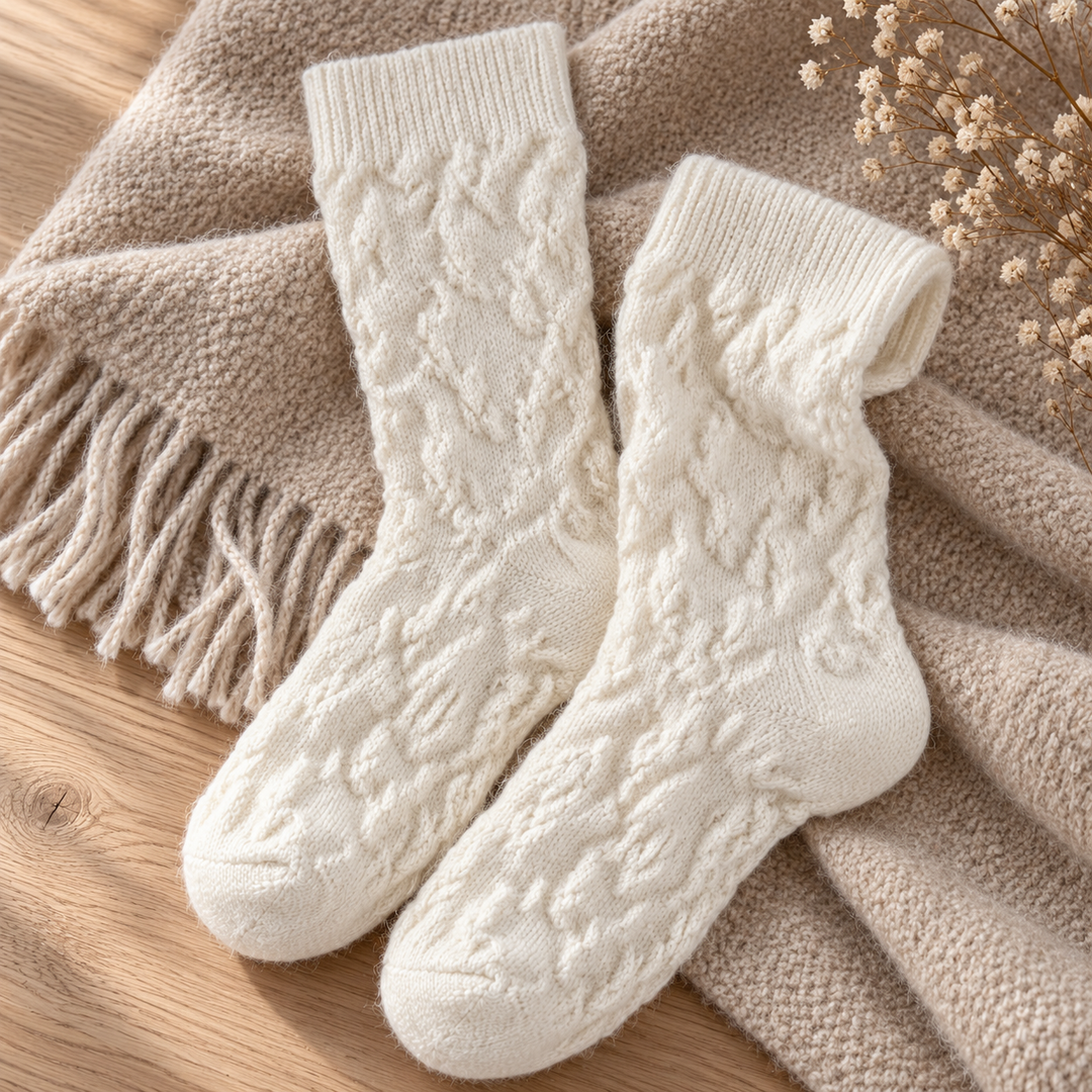 Wool Crew Socks for Women, Floral Knit with Lace Trim
