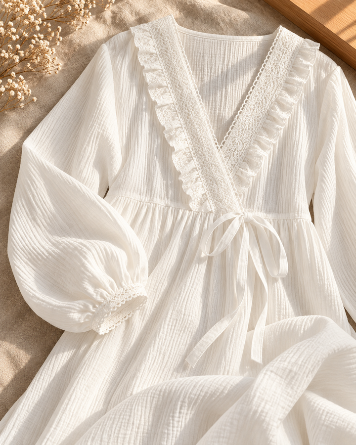 Cotton Nightgown for Women, White Prairie Lace V-Neck