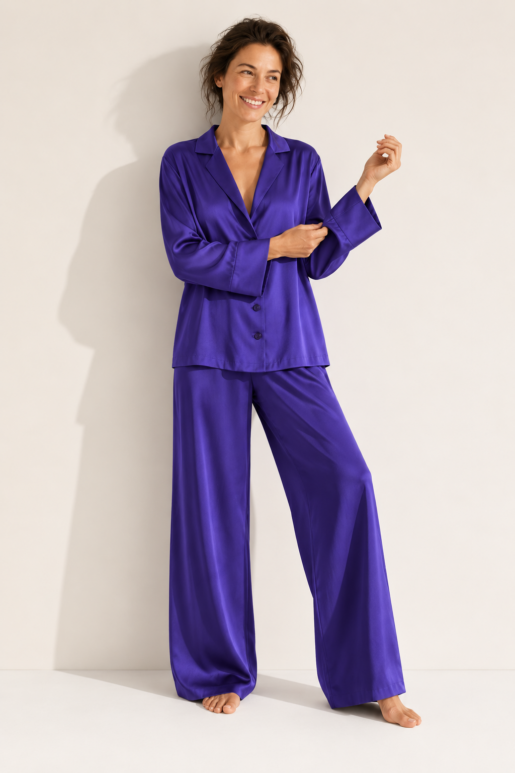 Satin Wide-Leg Pajama Set for Women, Button-Up