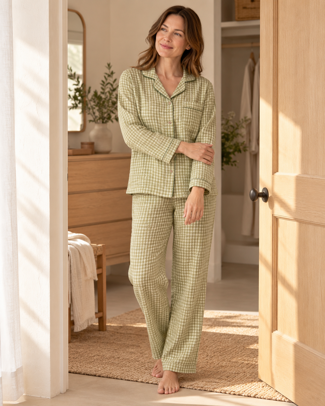 Cotton Gauze Pajama Set for Women, Long Sleeve Button-Up