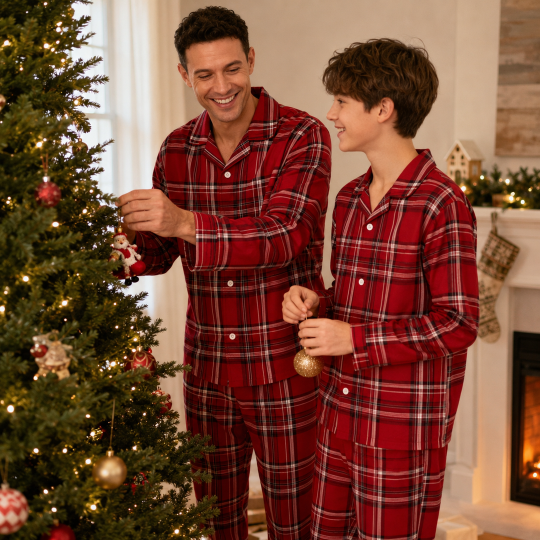 Matching Family Christmas Pajamas - Red Plaid Button Front Set