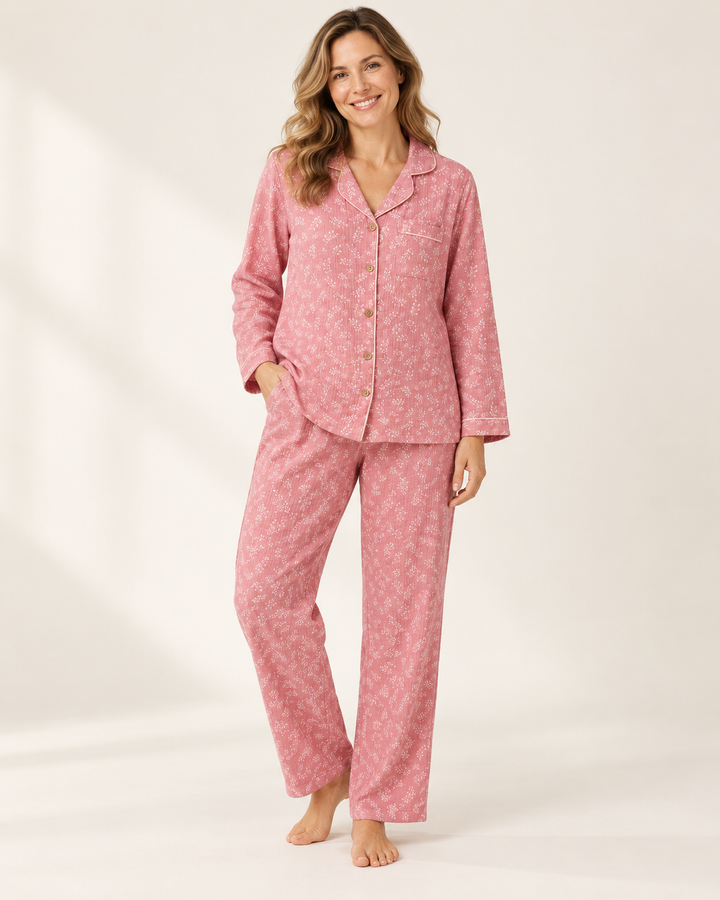 Cotton Gauze Pajama Set for Women, Long Sleeve Button-Up