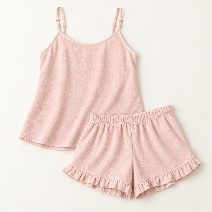 Waffle Cami and Shorts Set for Women, Ruffle Trim