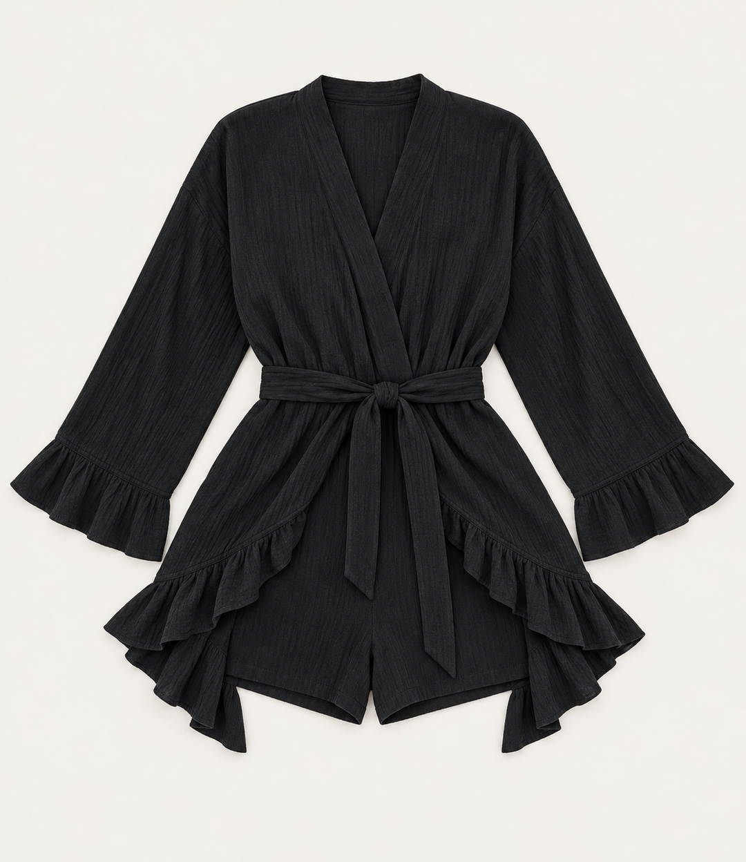 100% Cotton Pajama Set for Women, Long Sleeve Top and Ruffle Shorts