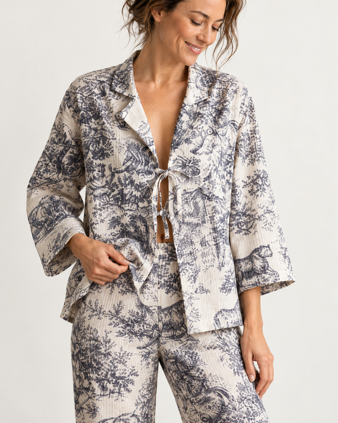 Toile Print Cotton Pajama Set for Women, Front Tie