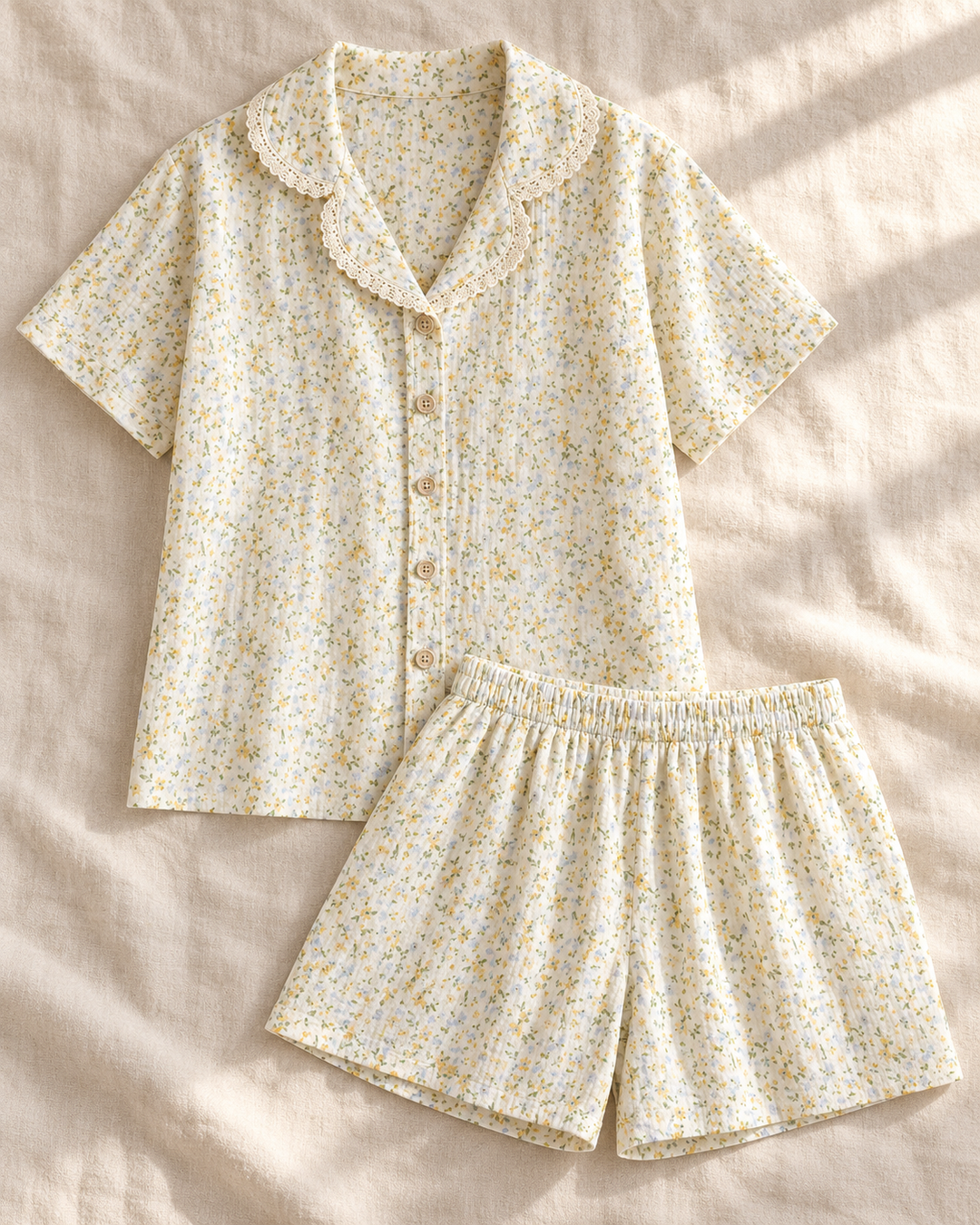 100% Cotton Muslin Short Pajama Set for Women, Floral Lace Collar