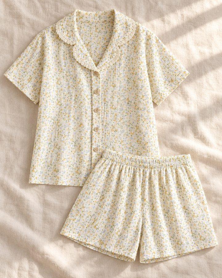 100% Cotton Muslin Short Pajama Set for Women, Floral Lace Collar