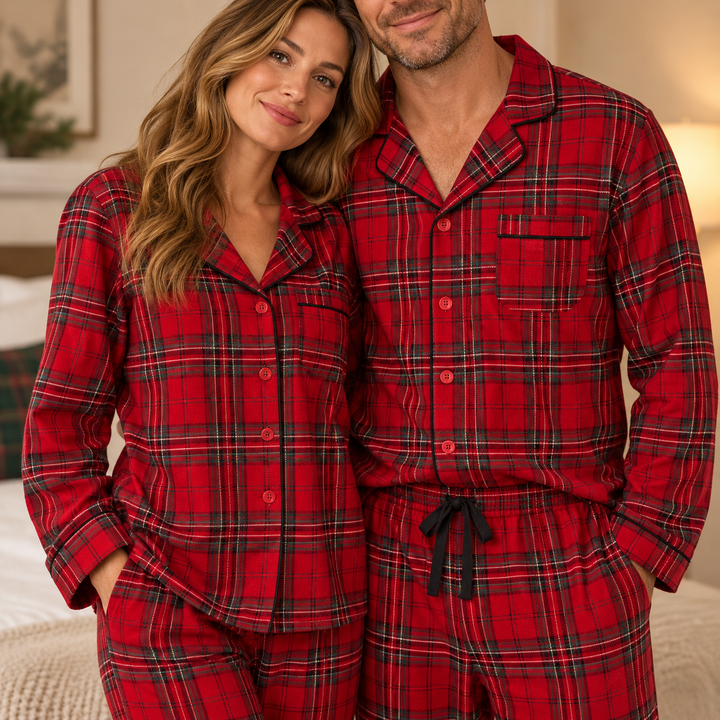 Matching Couples Christmas Pajamas, Red Plaid Cotton Set