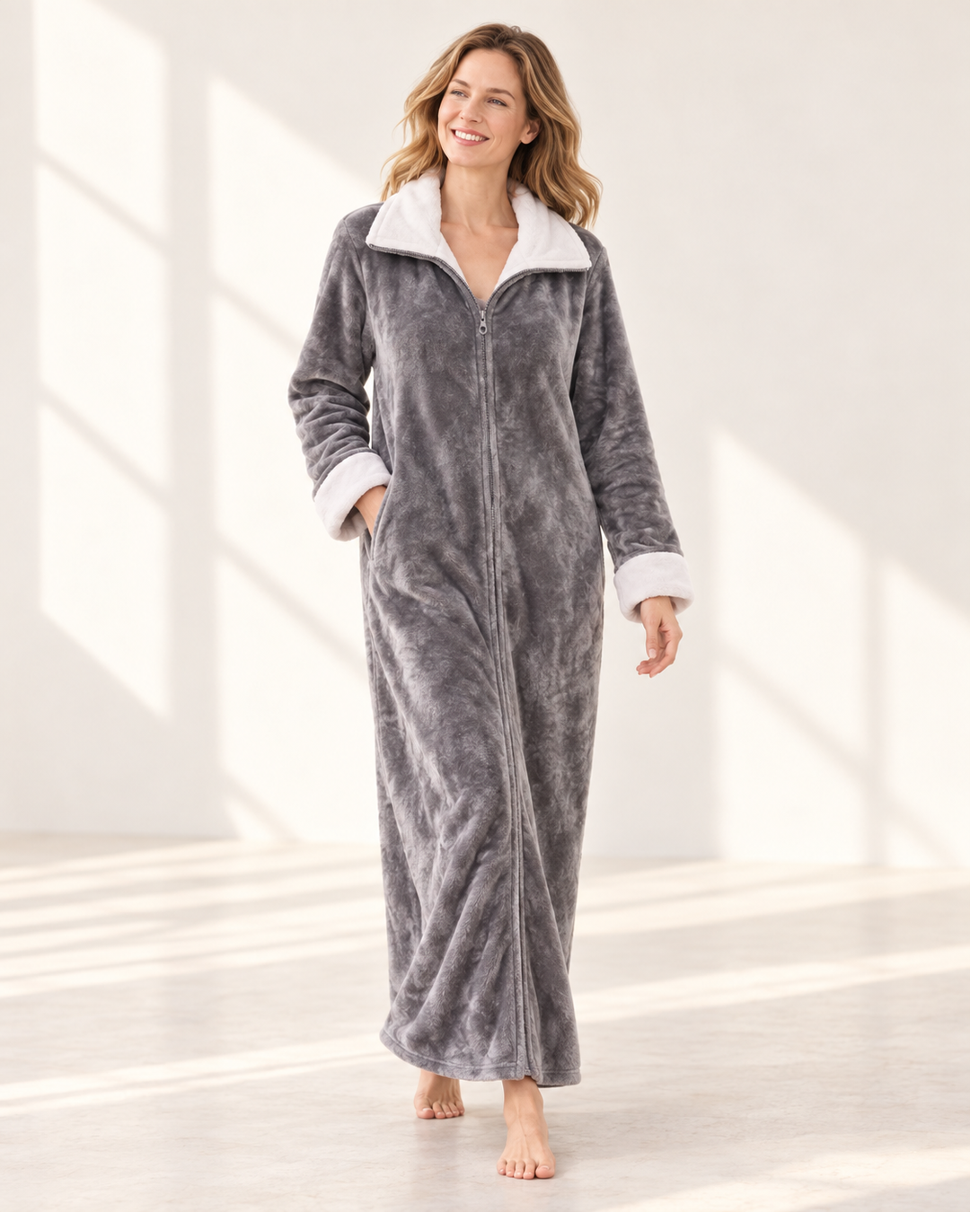 Long Zip-Front Flannel Fleece Robe for Women, Warm Housecoat