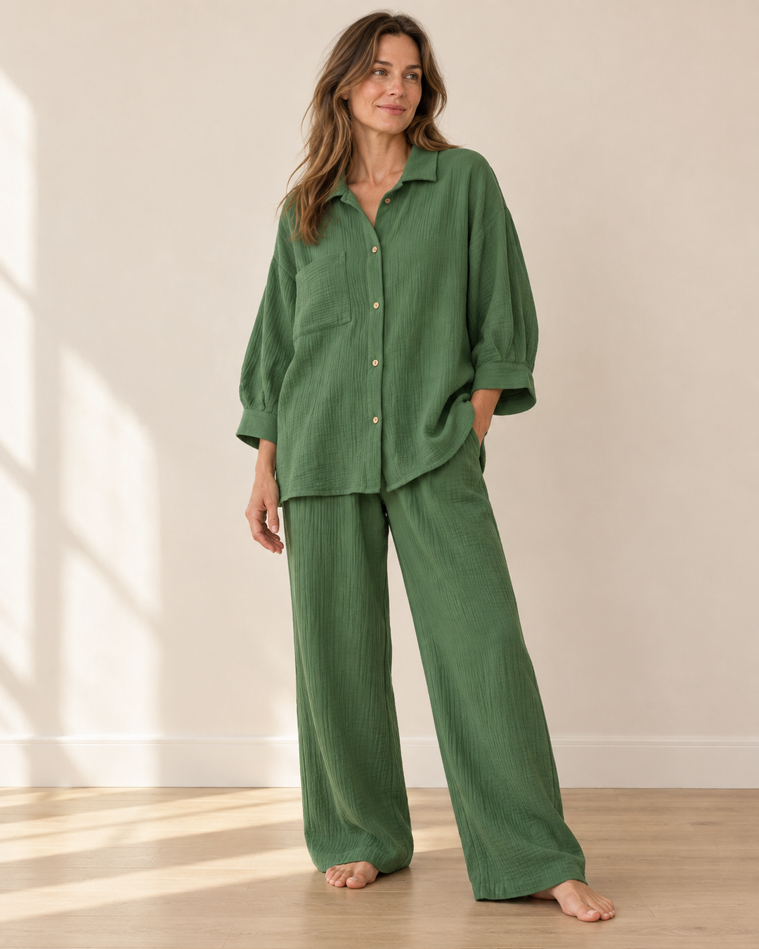 100% Cotton Muslin Lounge Set for Women, Shirt and Pants