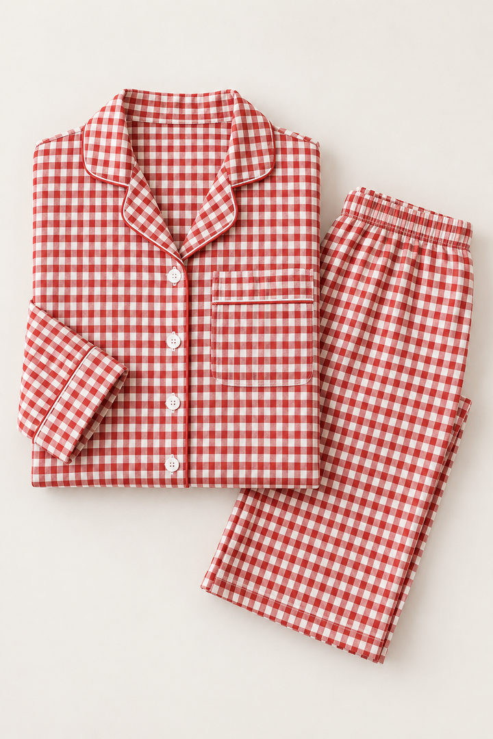 100% Cotton Double Gauze Pajama Set for Women, Plaid Long Sleeve