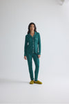 Classic Long Pajama Set for Women in Green, Contrast Piping