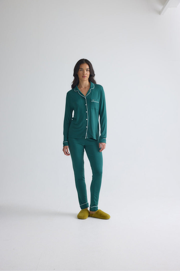 Classic Long Pajama Set for Women in Green, Contrast Piping