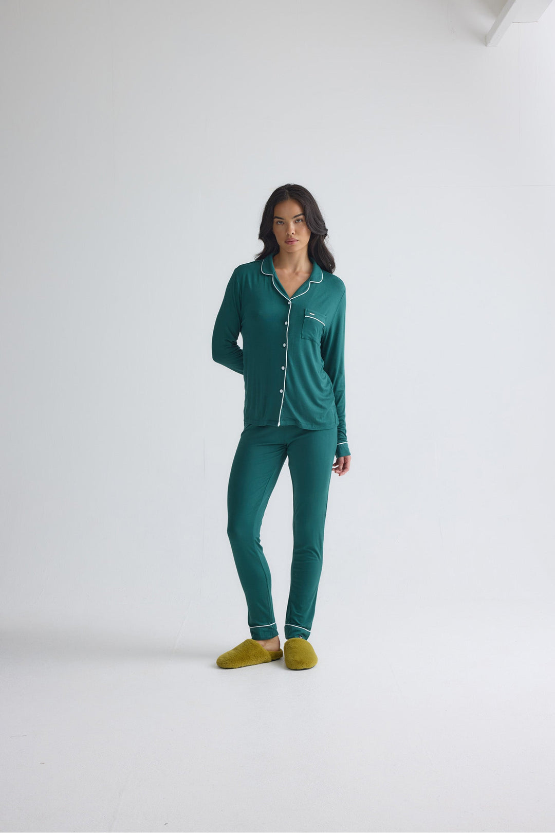 Classic Long Pajama Set for Women in Green, Contrast Piping