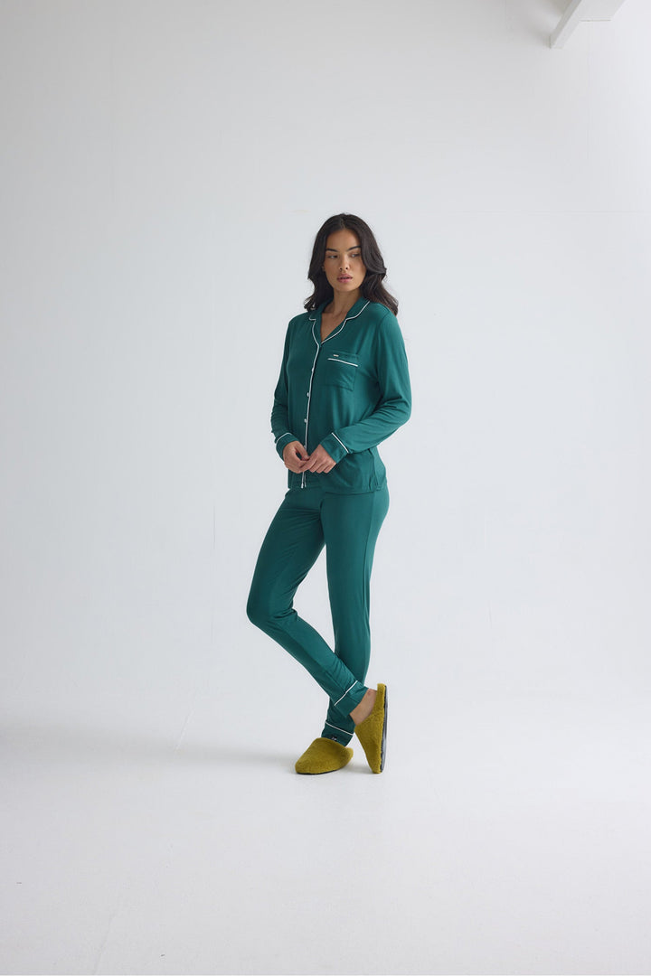 Classic Long Pajama Set for Women in Green, Contrast Piping