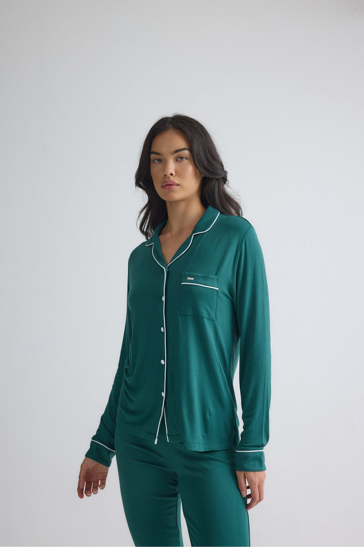 Classic Long Pajama Set for Women in Green, Contrast Piping
