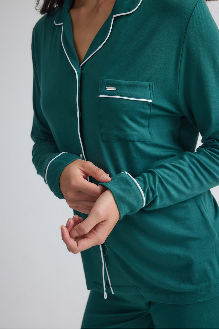 Classic Long Pajama Set for Women in Green, Contrast Piping